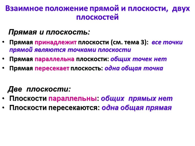 Взаимное положение прямой и плоскости,  двух плоскостей Прямая принадлежит плоскости (см. тема 3):